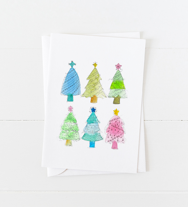 Festive Christmas tree doodles Christmas card with pointed flap envelope