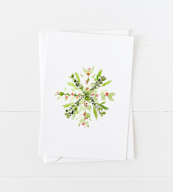Watercolor botanical snowflake Christmas card with pointed flap envelope