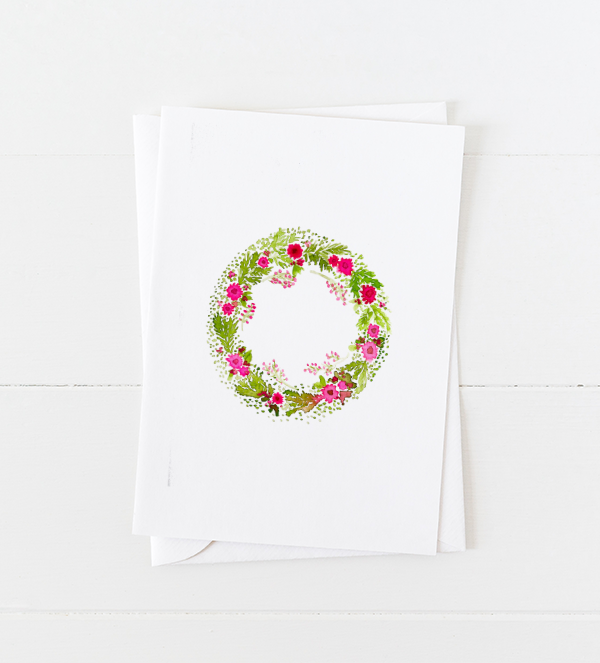 holiday wreath Christmas card with holly and holiday flowers and pointed flap envelope