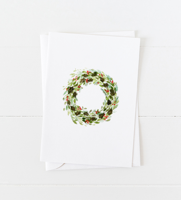 Holly holiday wreath Christmas card with pointed flap envelope