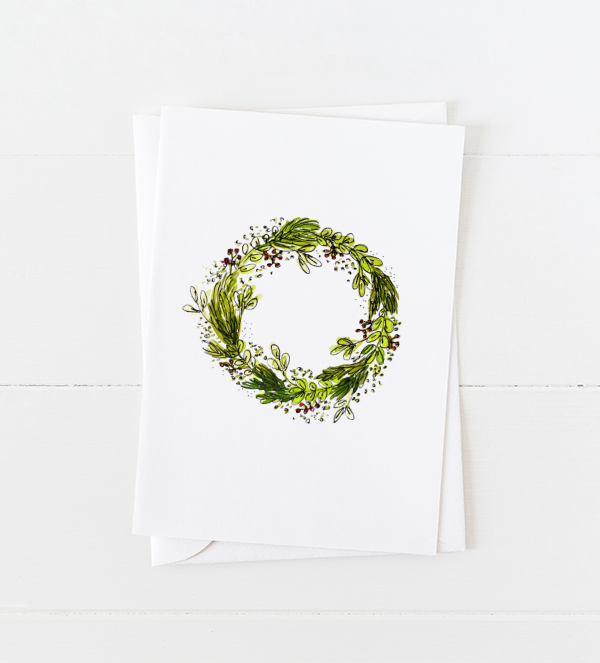 Watercolor Holiday Wreath Christmas Card with pointed flap envelope