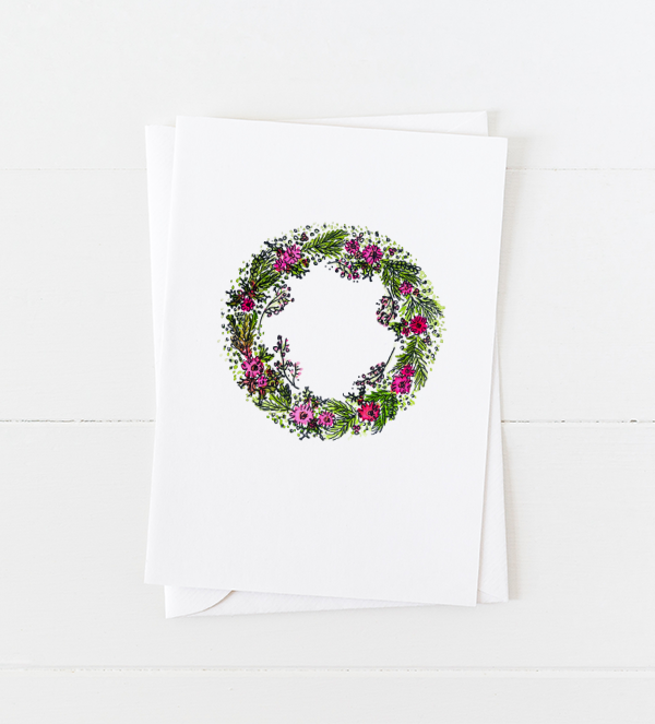 Holiday wreath Christmas Card with pointed flap envelope