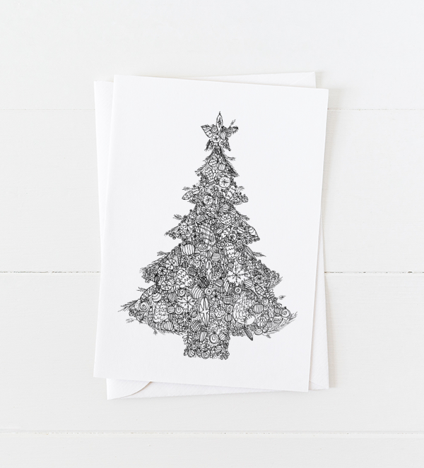 Hand drawn Christmas tree created from ornament doodles with a pointed flap envelope