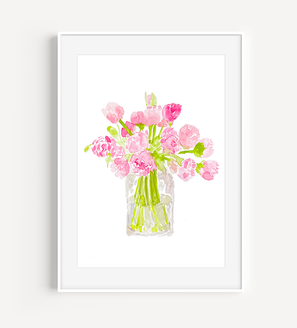 watercolor pink peonies in a vase