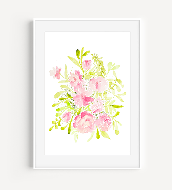 Pink and Green Floral Spray Watercolor