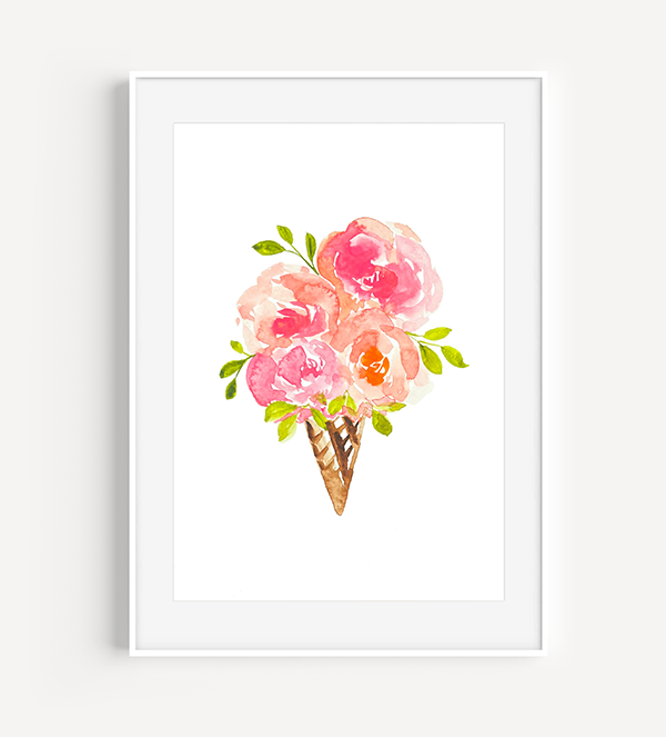 Watercolor Flower Ice Cream Cone
