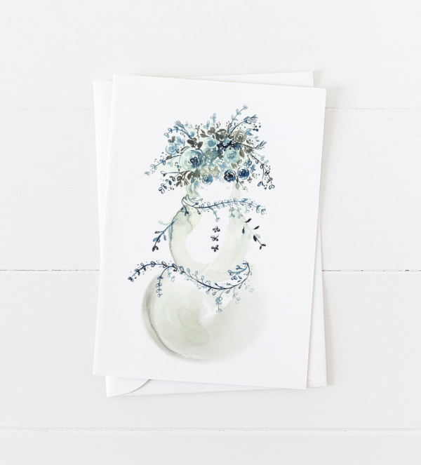 snowman Christmas card with ice blue and gray flowers as a hat, scarf, and arms with pointed flap envelope
