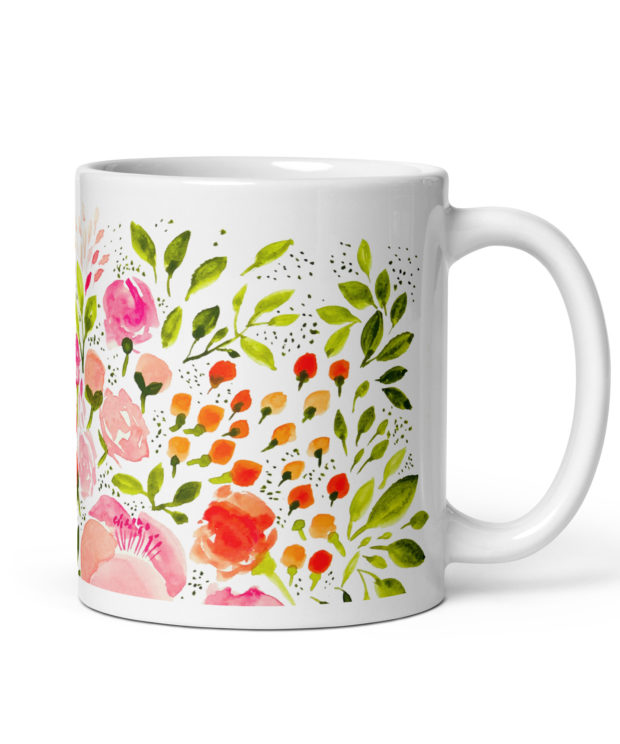 Coffee mug with original watercolor flowers in pink and green