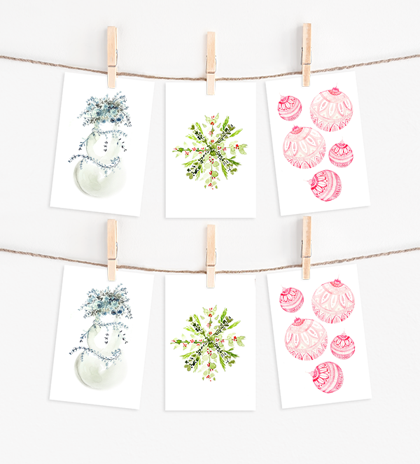 Watercolor holiday Christmas Card set with pointed flap envelopes