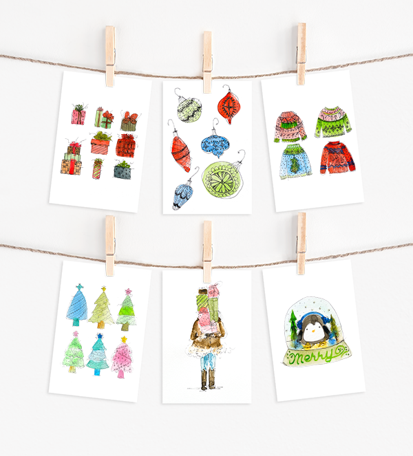 Holiday Watercolor and Ink Christmas Card Collection with pointed flap envelopes