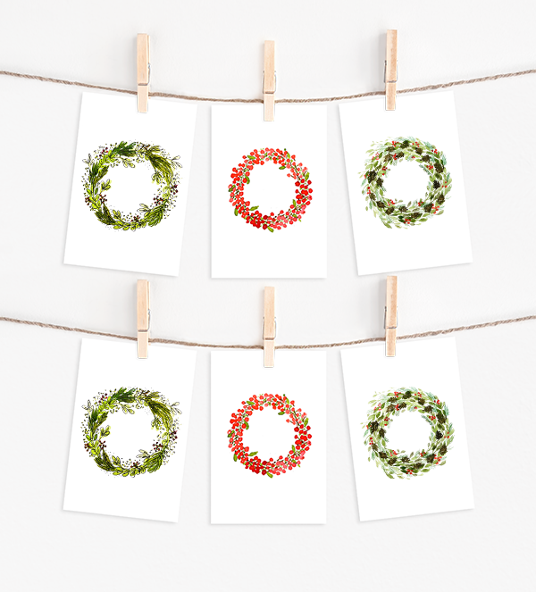 Holiday wreath Christmas card set with 6 cards and pointed flap envelopes