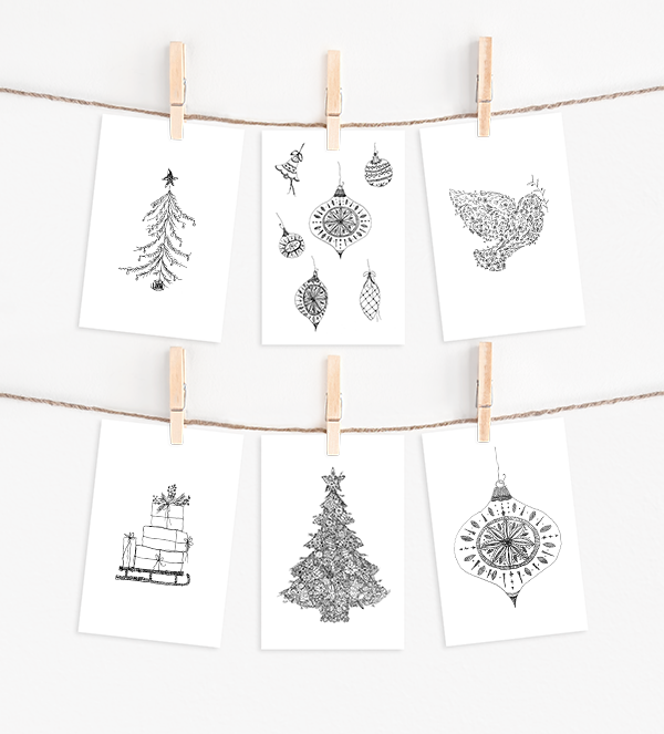 Doodle Christmas Cards Set - 6 cards with 6 pointed flap envelopes