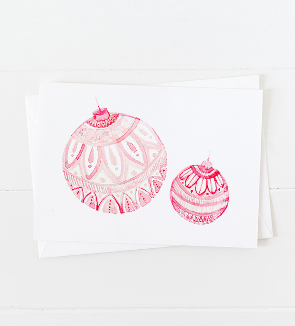 Hand painted pink Christmas ornaments Christmas card with pointed flap envelope