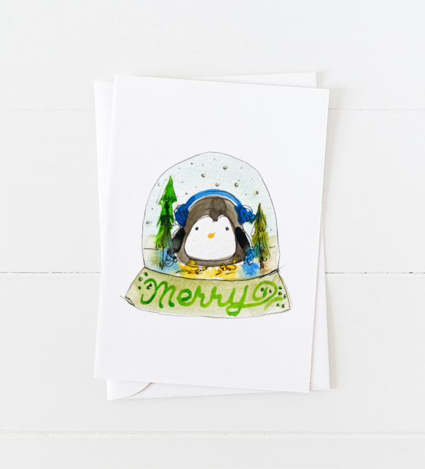 Cute watercolor penguin inside a snow globe Christmas card with pointed flap envelopes
